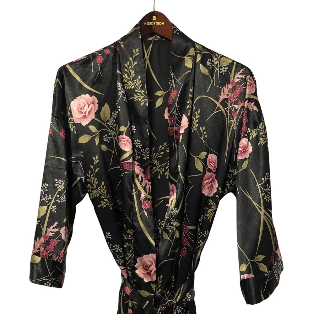 Vintage Colesce Couture Lingerie Robe Womens Size M Satin Roses Waist Tie Kimono - Picture 2 of 7